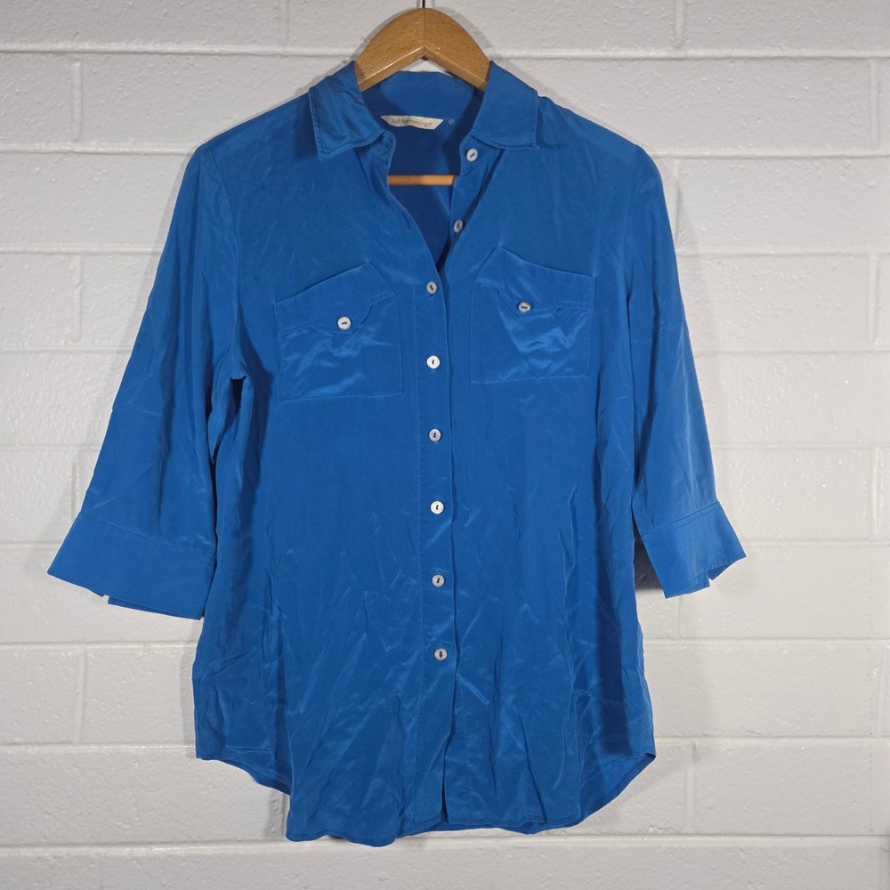 Soft Surroundings 100% Silk Button Down Shirt Womens Large Blue Oversize 36550